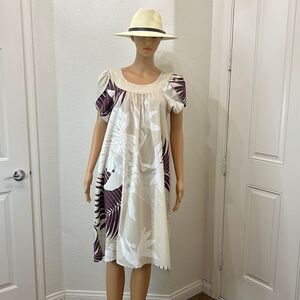 Y Not Hawaii Large Dress Scoop Neck Palm Leaf Plumeria Flowers One Pocket Midi